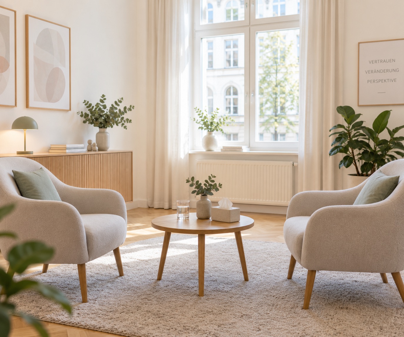 Heller Gesprächsraum mit zwei Sesseln und einem kleinen Tisch