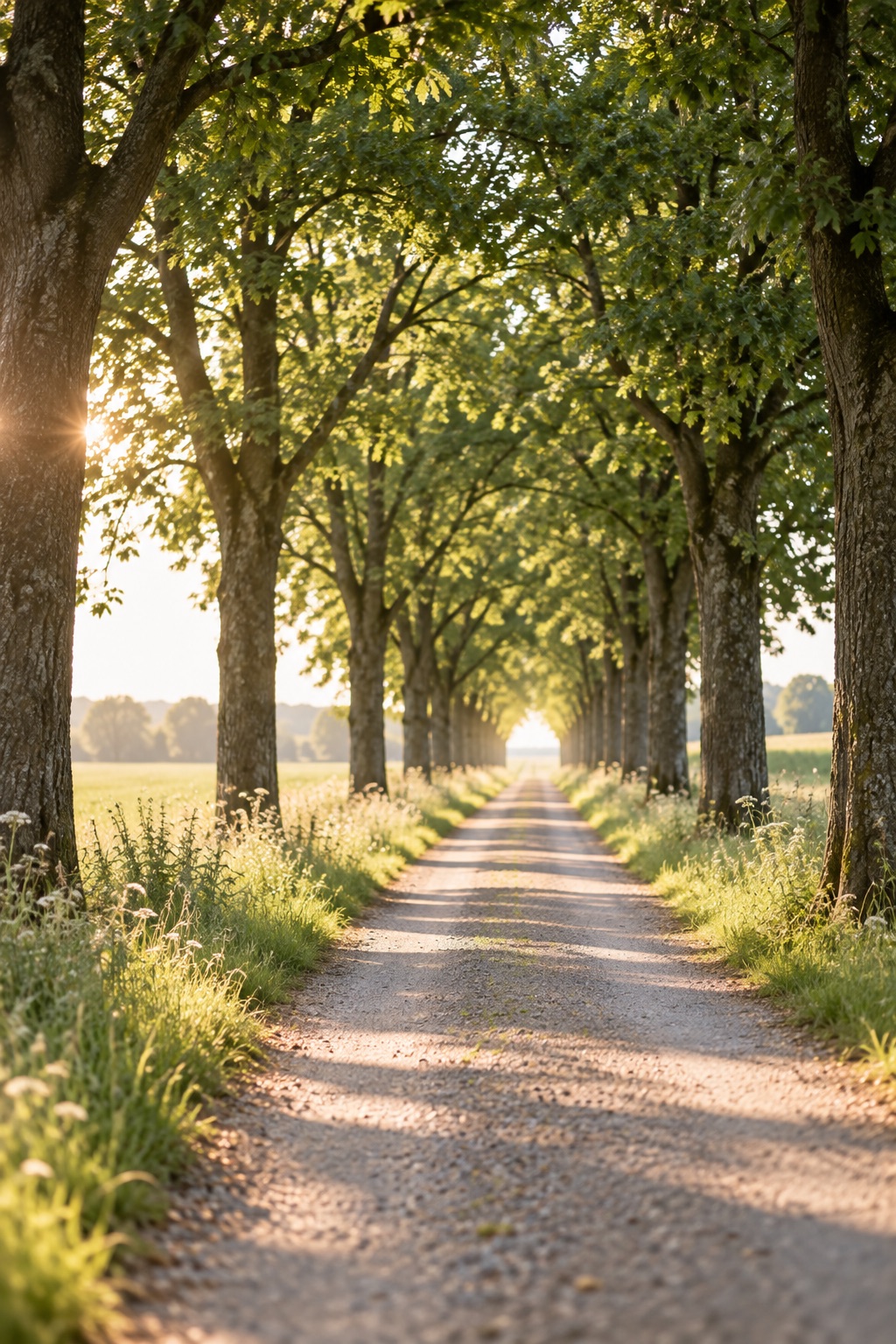 Sonnenbeschienener Weg durch eine Baumallee